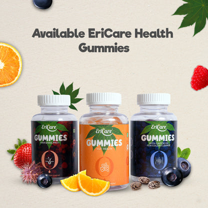 Available EriCare lifestyle gummies for constipation discomfort, gut health, colon cleanse, hair and nail